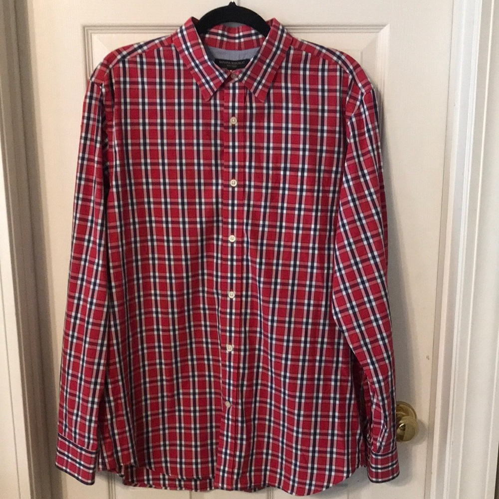 BANANA REPUBLIC LS Sz L (33” sleeve) 100% cotton Red white blue plaid